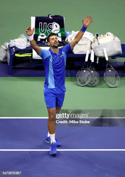 Novak Djokovic of Serbia celebrates after defeating Daniil Medvedev of Russia during their Men's Singles Final match on Day Fourteen of the 2023 US...