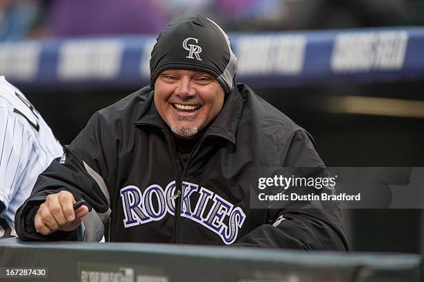 Dante Bichette of the Colorado Rockies smiles in the dugout before a game against the Arizona Diamondbacks at Coors Field on April 20, 2013 in...