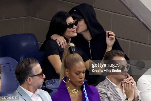 Kylie Jenner and actor Timothée Chalamet look on during the Men's Singles Final match between Novak Djokovic of Serbia and Daniil Medvedev of Russia...