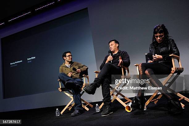 Indiewire film critic Eric Kohn, director Danny Mulheron and actress Kate Elliott attend Meet the Filmmaker: "Fresh Meat" during the 2013 Tribeca...