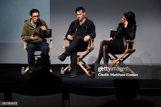 Indiewire film critic Eric Kohn, director Danny Mulheron and actress Kate Elliott attend Meet the Filmmaker: "Fresh Meat" during the 2013 Tribeca...