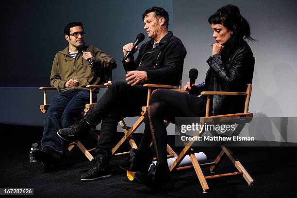 Indiewire film critic Eric Kohn, director Danny Mulheron and actress Kate Elliott attend Meet the Filmmaker: "Fresh Meat" during the 2013 Tribeca...