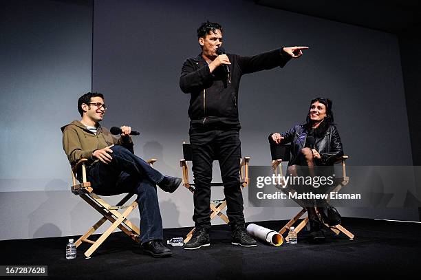 Indiewire film critic Eric Kohn, director Danny Mulheron and actress Kate Elliott attend Meet the Filmmaker: "Fresh Meat" during the 2013 Tribeca...