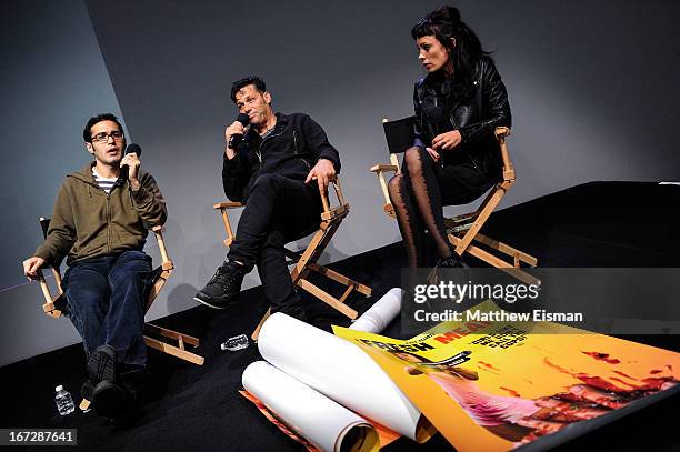 Indiewire film critic Eric Kohn, director Danny Mulheron and actress Kate Elliott attend Meet the Filmmaker: "Fresh Meat" during the 2013 Tribeca...