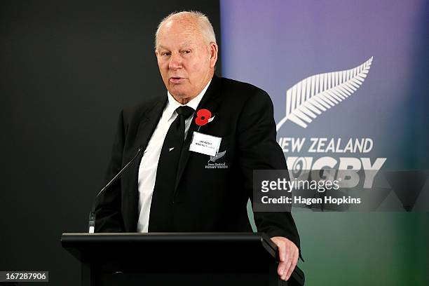 Newly elected NZRU President Ian MacRae speaks during the New Zealand Rugby Union Annual General Meeting at New Zealand Rugby House on April 24, 2013...