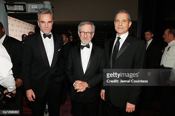 Actor Daniel Day-Lewis, filmmaker Steven Spielberg, and TIME Managing Editor Richard Stengel attend the TIME 100 Gala, TIME'S 100 Most Influential...
