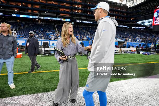 Personality Erin Andrews speaks with quarterback Jared Goff of the Detroit Lions prior to an NFL football game against the Seattle Seahawks at Ford...