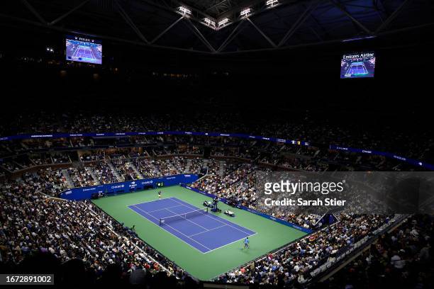 General view inside Arthur Ashe stadium during the Men's Singles Final match between Novak Djokovic of Serbia and Daniil Medvedev of Russia on Day...