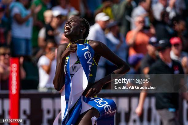 Athing Mu of the United States reacts after winning the Women's 800m during the 2023 Prefontaine Classic and Wanda Diamond League Final at Hayward...
