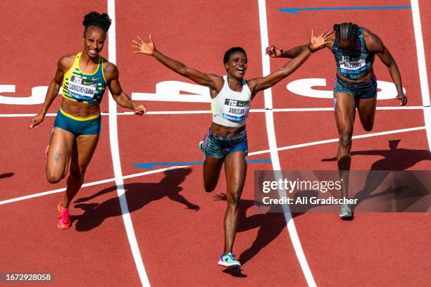 Tobi Amusan of Nigeria reacts after winning the Women's 100m Hurdles during the 2023 Prefontaine Classic and Wanda Diamond League Final at Hayward...