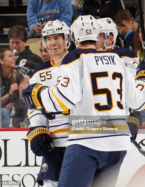 Jochen Hecht of the Buffalo Sabres celebrates his goal with Mark Pysyk during the third period against the Pittsburgh Penguins on April 23, 2013 at...