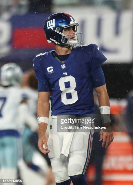 Daniel Jones of the New York Giants looks on during the first quarter against the Dallas Cowboys at MetLife Stadium on September 10, 2023 in East...