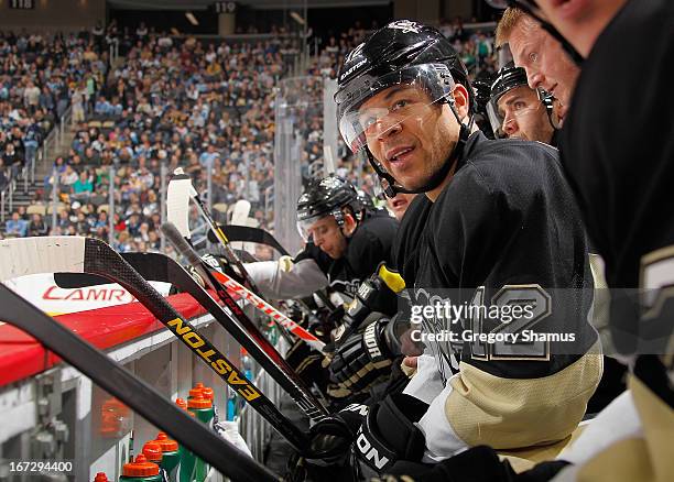 Jarome Iginla of the Pittsburgh Penguins looks on from the bench during the third period against the Buffalo Sabres on April 23, 2013 at Consol...