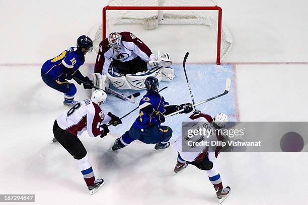 Andy McDonald of the St. Louis Blues scores a goal against Semyon Varlamov of the Colorado Avalanche during the first period at the Scottrade Center...