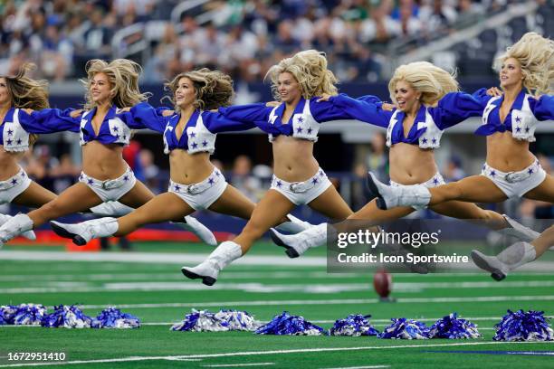 The Dallas Cowboys Cheerleaders perform during the game between the Dallas Cowboys and the New York Jets on September 17, 2023 at AT&T Stadium in...