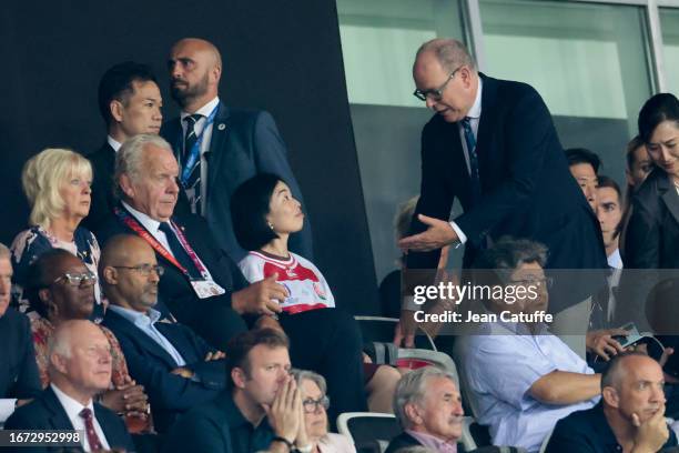 World Rugby Chairman Sir Bill Beaumont, Princess Akiko de Mikasa of Japan, wearing a Team Japan jersey, Prince Albert II of Monaco attend the Rugby...