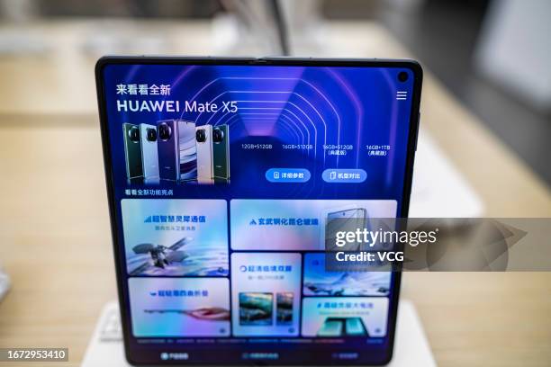 Huawei Mate X5 foldable smartphone is displayed for sale at a Huawei store on September 10, 2023 in Shaoxing, Zhejiang Province of China.