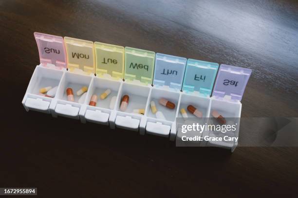 pills sorted in organizer - opening week stock pictures, royalty-free photos & images