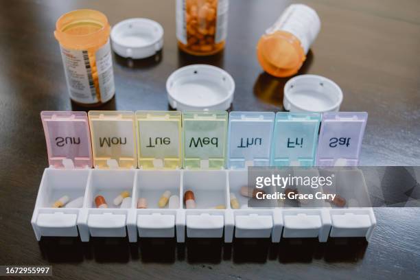 pills sorted in organizer - opening week stock pictures, royalty-free photos & images