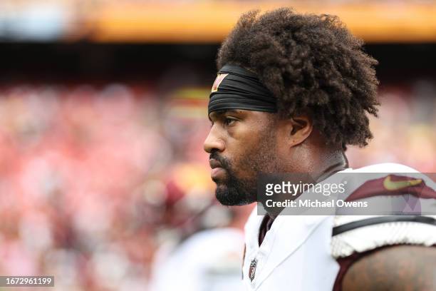 Jonathan Allen of the Washington Commanders looks on prior to a game between the Washington Commanders and the Arizona Cardinals at FedExField on...