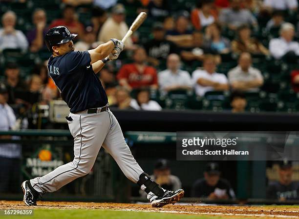 Kendrys Morales of the Seattle Mariners hits a home run in the eighth inning against the Houston Astros at Minute Maid Park on April 23, 2013 in...