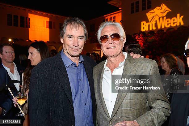 Actors Timothy Dalton and George Lazenby attend the launch of the Seventh Annual BritWeek Festival "A Salute To Old Hollywood" on April 23, 2013 in...