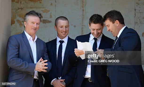 Australian Test cricket captain Michael Clarke , vice-captain Brad Haddin , with former Australian Test captains Steve Waugh and Mark Taylor pose for...