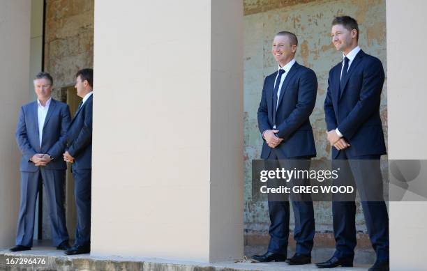 Australian Test cricket captain Michael Clarke , vice-captain Brad Haddin , with former Australian Test captains Steve Waugh and Mark Taylor pose for...