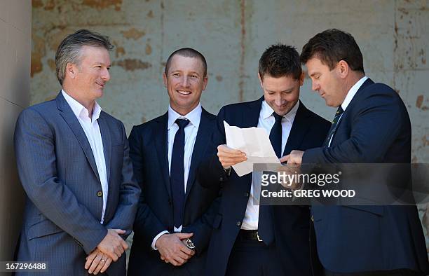 Australian Test cricket captain Michael Clarke , vice-captain Brad Haddin , with former Australian Test captains Steve Waugh and Mark Taylor pose for...