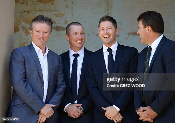 Australian Test cricket captain Michael Clarke , vice-captain Brad Haddin , with former Australian Test captains Steve Waugh and Mark Taylor pose for...