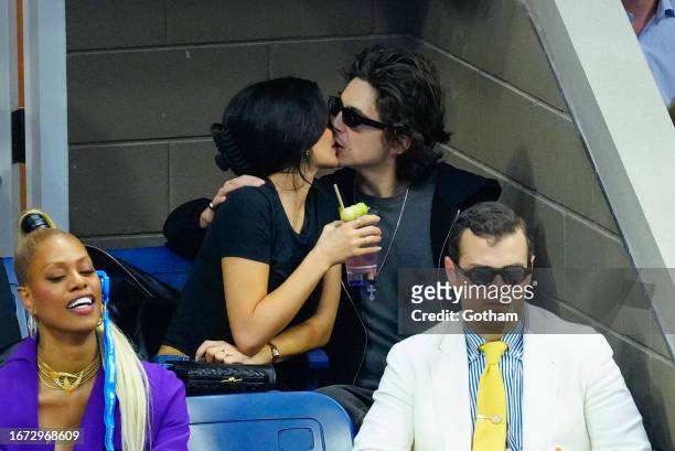 Kylie Jenner and Timothée Chalamet are seen at the Final game with Novak Djokovic vs. Daniil Medvedev at the 2023 US Open Tennis Championships on...