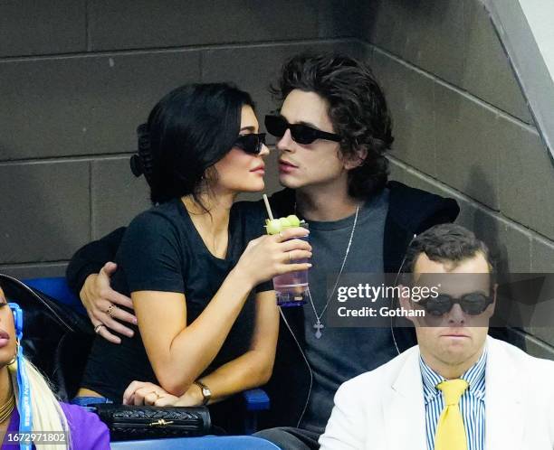 Kylie Jenner and Timothée Chalamet are seen at the Final game with Novak Djokovic vs. Daniil Medvedev at the 2023 US Open Tennis Championships on...