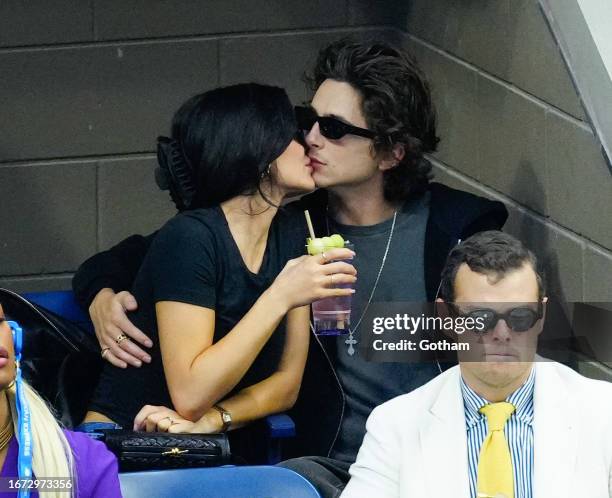 Kylie Jenner and Timothée Chalamet are seen at the Final game with Novak Djokovic vs. Daniil Medvedev at the 2023 US Open Tennis Championships on...