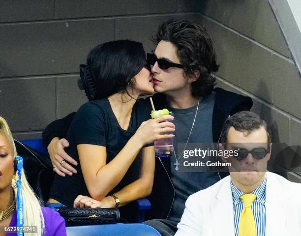 Kylie Jenner and Timothée Chalamet are seen at the Final game with Novak Djokovic vs. Daniil Medvedev at the 2023 US Open Tennis Championships on...