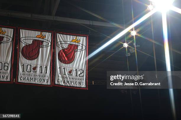 Here are championship banners that hang in the rafters of the American Airlines arena prior to Game Two of the Eastern Conference Quarterfinals...