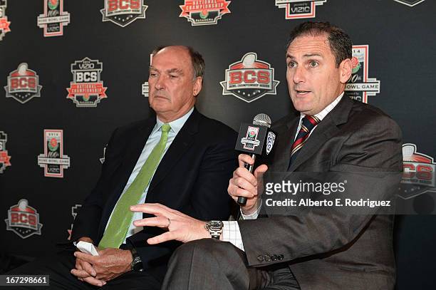 Jim Delany, Commissioner, Big Ten Conference and Larry Scott, Commissioner, Pac-12 Conference attend the 100th Rose Bowl Game press conference at...