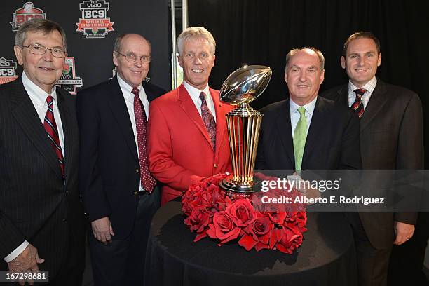 Bill Bogaard, Mayor of Pasadena, Hancock, Executive Director, BCS, Scott Jenkins, President, Tournament of Roses, Jim Delany, Commissioner, Big Ten...