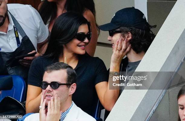 Kylie Jenner and Timothée Chalamet are seen at the Final game with Novak Djokovic vs. Daniil Medvedev at the 2023 US Open Tennis Championships on...