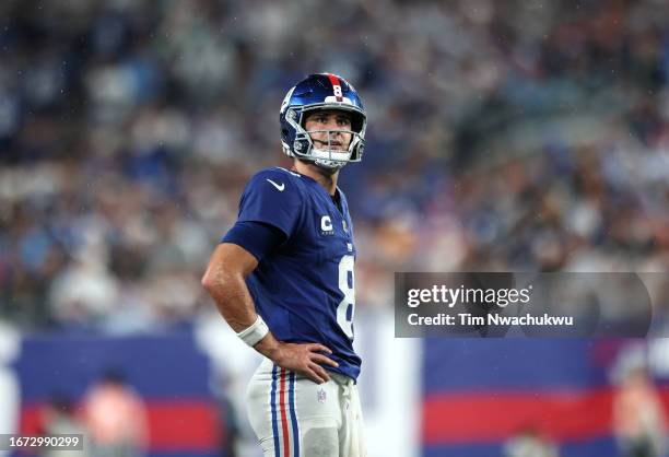 Daniel Jones of the New York Giants looks on during the first quarter against the Dallas Cowboys at MetLife Stadium on September 10, 2023 in East...