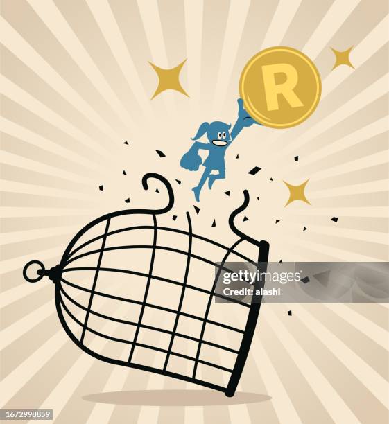 a businesswoman breaks through the cage with her money, breaking barriers, financial freedom, the power of wealth, unlocking success, and breaking the mold - rand stock illustrations