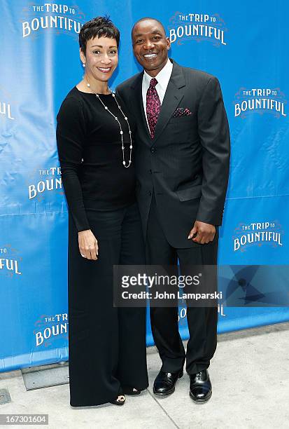 Lynn Kendall Thomas and Isiah Thomas attend the "The Trip To Bountiful" Broadway Opening Night >> at Stephen Sondheim Theatre on April 23, 2013 in...