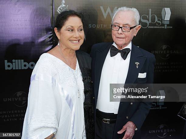 Angelica Aragon and Jose Angel Espinoza "Ferrusquilla" arrive at Latin Songwriters Hall of Fame Gala at New World Center on April 23, 2013 in Miami...