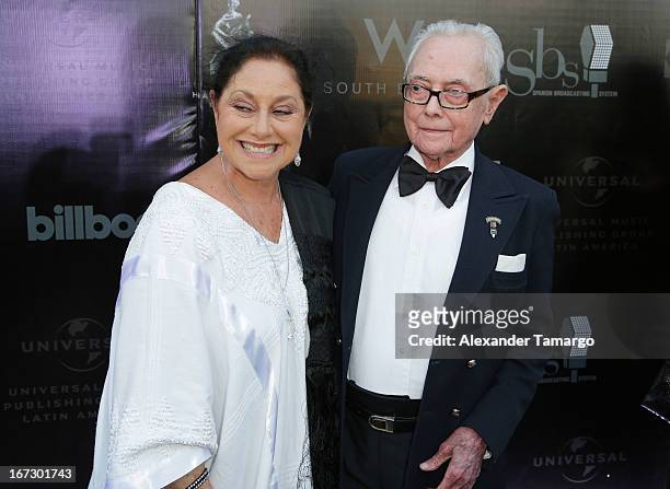 Angelica Aragon and Jose Angel Espinoza "Ferrusquilla" arrive at Latin Songwriters Hall of Fame Gala at New World Center on April 23, 2013 in Miami...