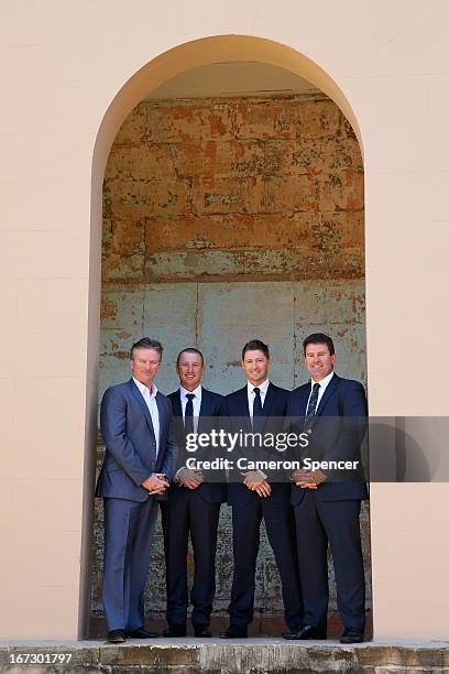 Former Australian captain Steve Waugh, Brad Haddin of Australia, Australian captain Michael Clarke, and former Australian captain Mark Taylor pose...