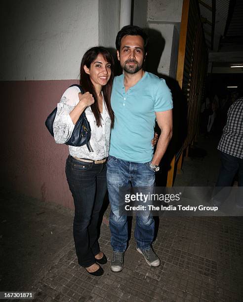 Emraan Hashmi with his wife at the special screening of 'Aashiqui 2' in Mumbai on 23rd April 2013.