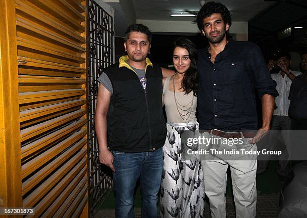 Mohit Suri, Shraddha Kapoor and Aditya Roy Kapur at the special screening of 'Aashiqui 2' in Mumbai on 23rd April 2013.