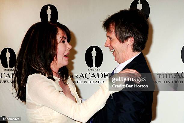 Lara Flynn Boyle and Dana Carvey attend the Academy Of Motion Picture Arts And Sciences Hosts A 'Wayne's World' Reunion at AMPAS Samuel Goldwyn...