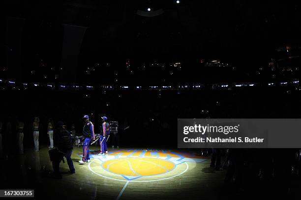 Close-up of the New York Knicks logo in the floor prior to Game Two of the Eastern Conference Quarterfinals during the 2013 NBA Playoffs on April 23,...