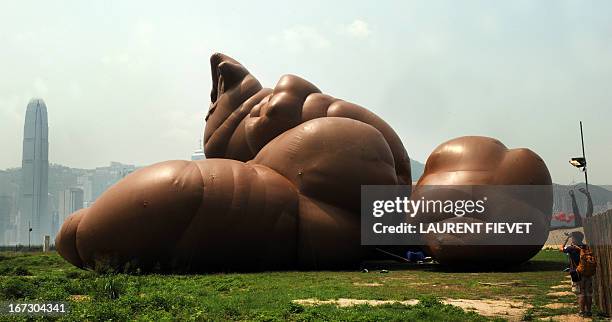 Journalist takes photos of a sculpture by US artist Paul McCarthy titled "Complex Pile" during a press preview of the Mobile M+: Inflation!...