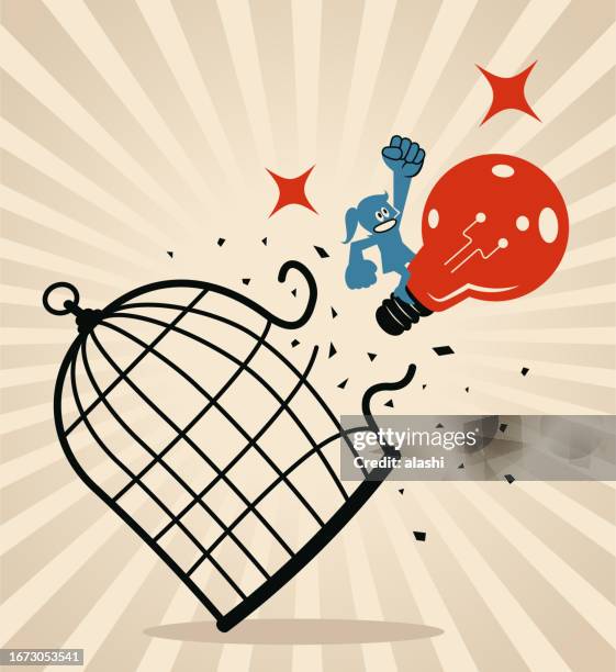 a confident businesswoman riding a big idea light bulb breaks through the cage - teenager alter stock illustrations